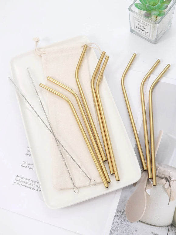 8 Pc Gold Stainless Steel Straw Set