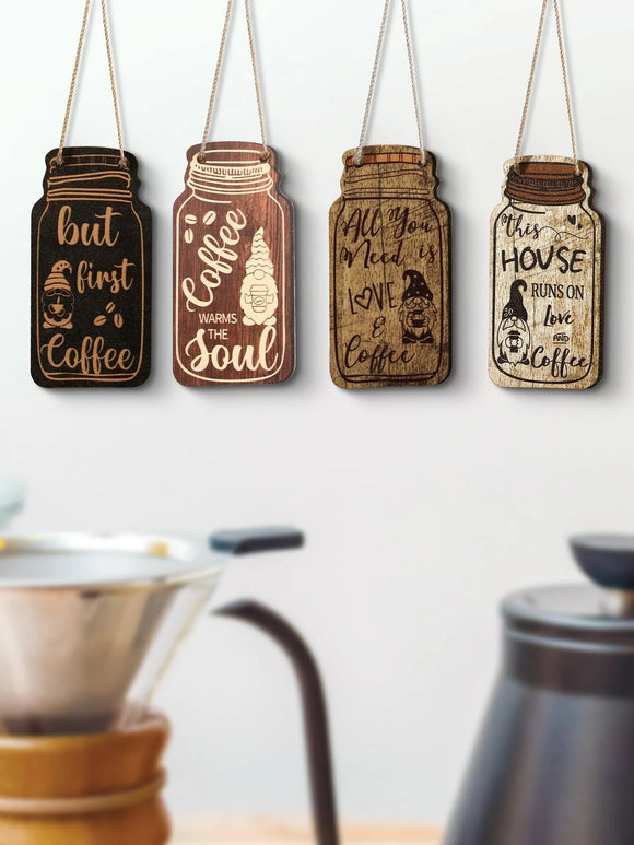 4 Pc Coffee Gnome Mason Jar Wall Hanging Set