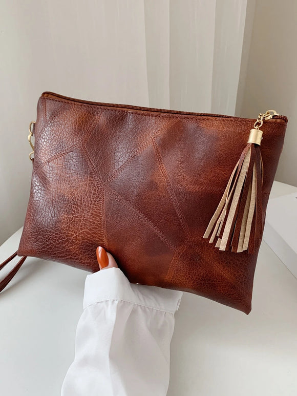 Brown Pu Leather Tassel Decor Wristlet Bag