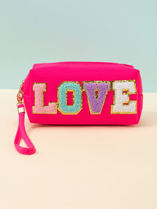 Love Varsity Letter Design Hot Pink Zippered Cosmetic Bag