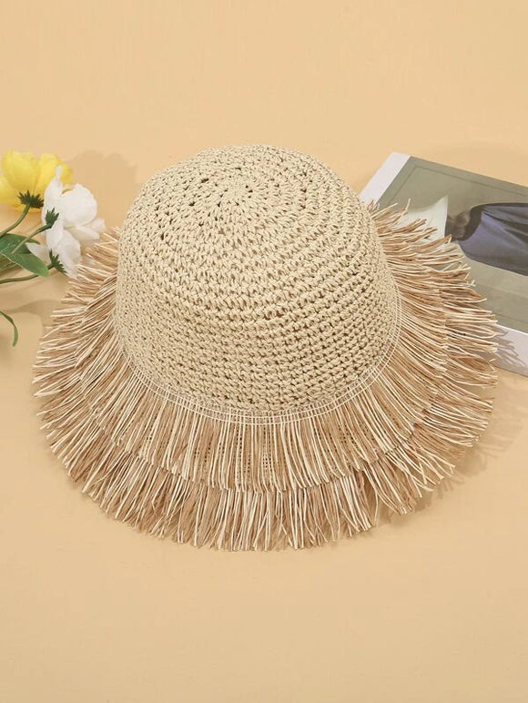 Beige Boho Fringe Trim Straw Bucket Hat