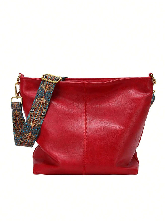 Pu Leather Red Hobo Crossbody Bag with Guitar Strap