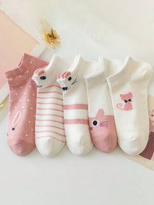 5 pair Women’s Pink and White Cat Print Ankle Socks