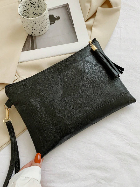 Black Pu Leather Tassel Decor Wristlet Bag