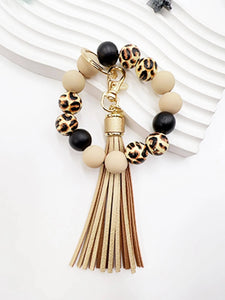 Leopard Pattern Bead Decor Fashionable Wristlet Keychain