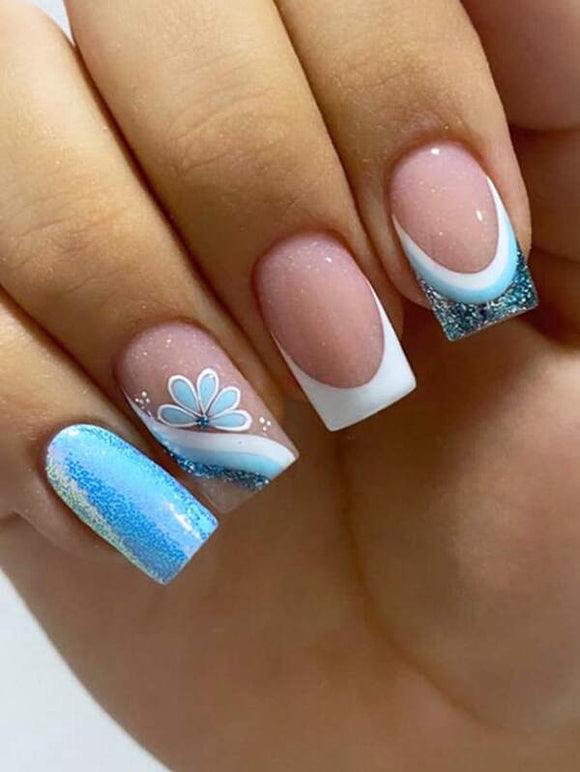 Blue Floral Short Square Nail Set