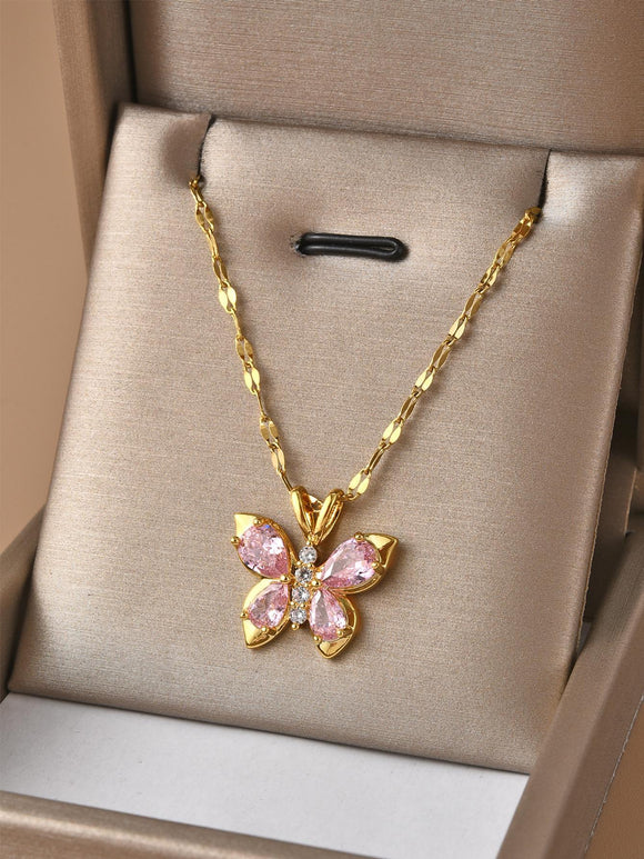 Pink Cubic Zirconia Butterfly Pendant Gold Necklace