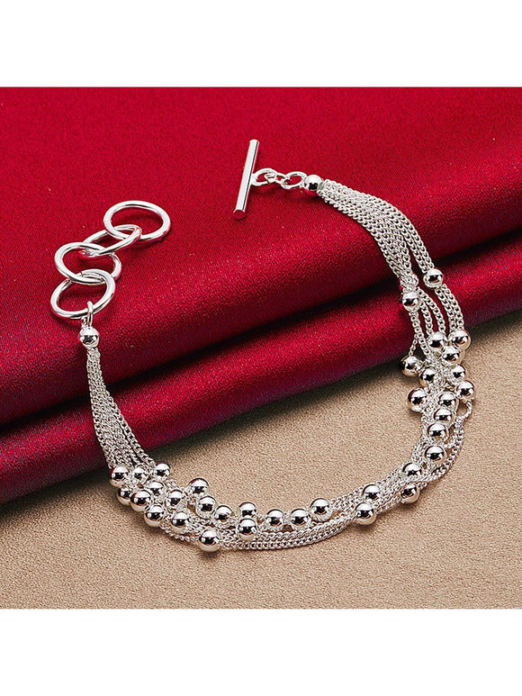 925 Sterling Silver Smooth Beads Multi-Chain Toggle Style Bracelet