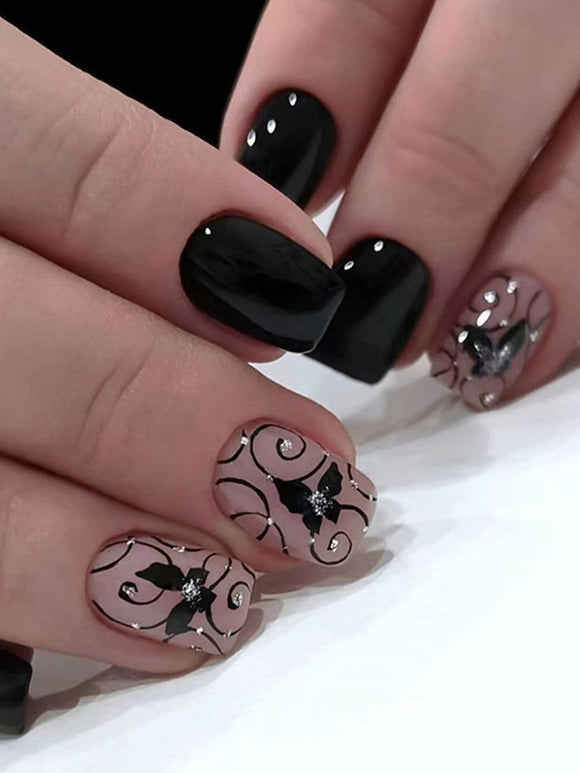 Black Butterfly Short Square Nail Set