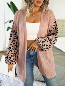 Leopard Print Drop Shoulder Split Hem Blush Pink Cardigan