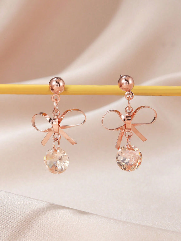 Rose Gold Rhinestone Bow-Knot Drop Earrings