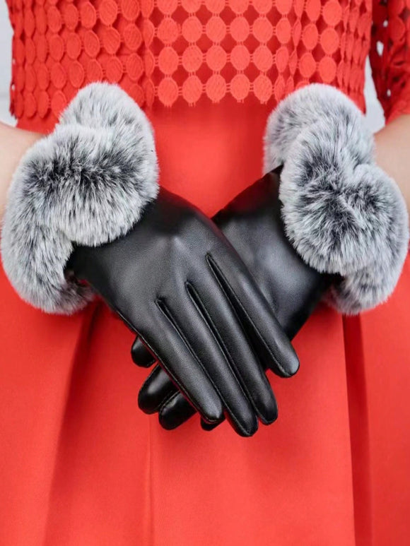 Black pu leather and plush fur cuff touchscreen gloves