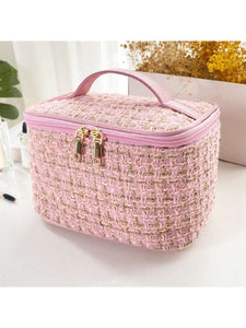 Pink Plaid Large Capacity Double Zippered Cosmetic Bag