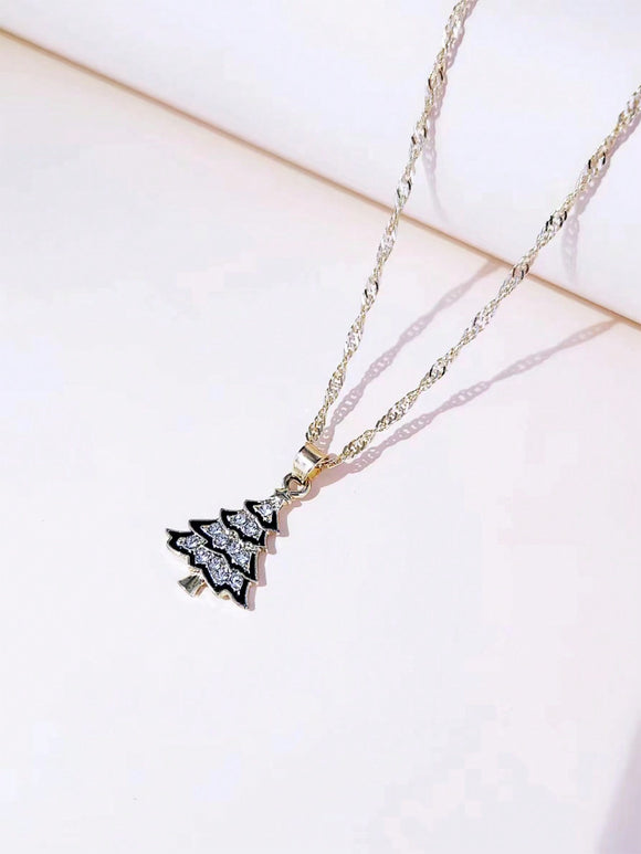 Rhinestone Christmas Tree Pendant Gold Wavy Chain Necklace