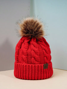 Red Cable Knit Pom Beanie Hat