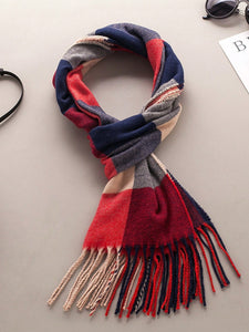 Navy and Red Plaid Fringe Scarf