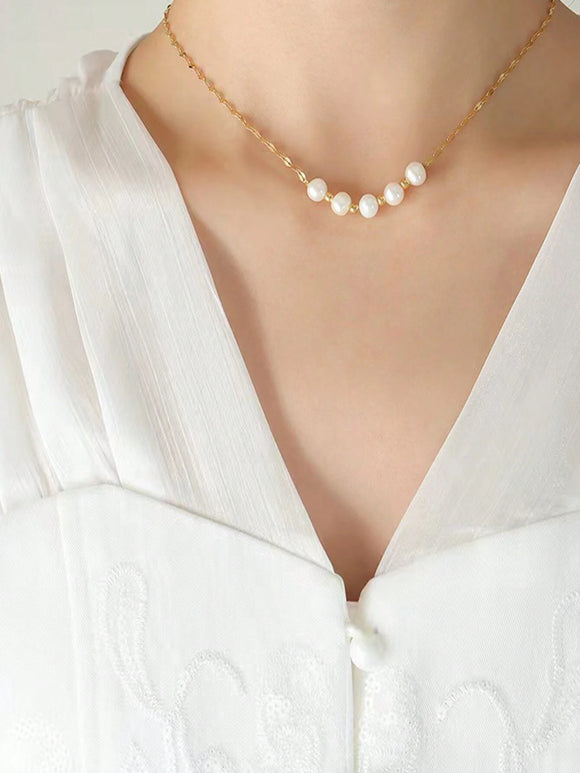 French Style Romantic Stainless Steel Pearl Bead Necklace Plated With 18k Gold