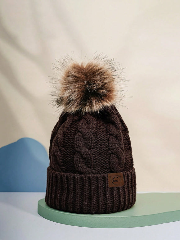 Brown Cable Knit Pom Beanie Hat