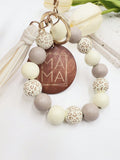 Mama Leopard Print Taupe Wooden Bead Wristlet Keychain