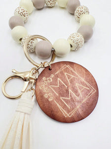 Mama Leopard Print Taupe Wooden Bead Wristlet Keychain