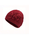 Burgundy Knitted Beanie Hat with Floral Detail