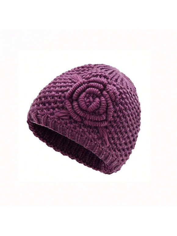 Purple Knitted Beanie Hat with Floral Detail