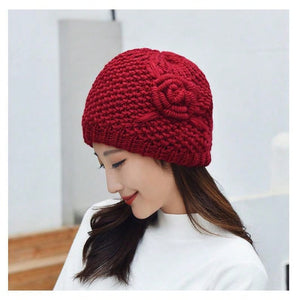 Burgundy Knitted Beanie Hat with Floral Detail