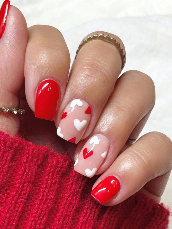 Valentine's Day Red and White Heart Short Square Nail Set