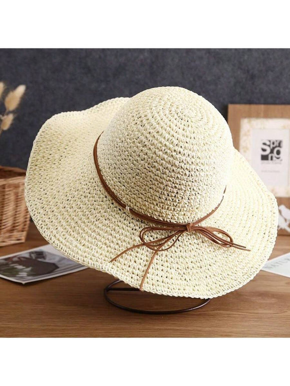 White Wide Brim Sun Hat with Brown Leather Bow Detail