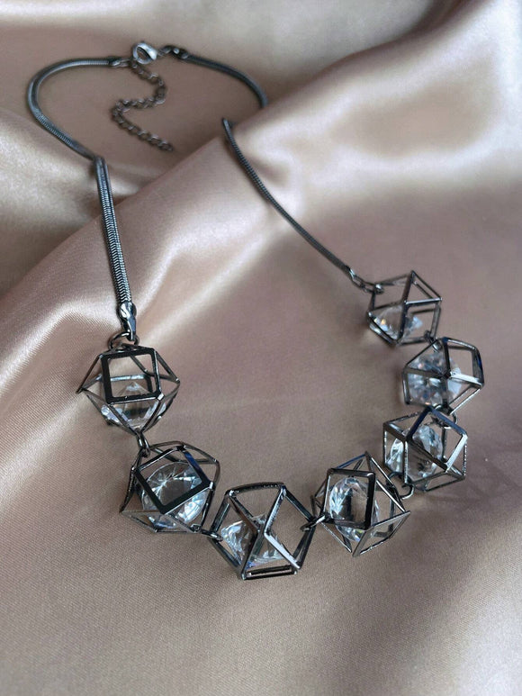 Gunmetal Geometric Design Necklace with White Rhinestone Solitaire Detail