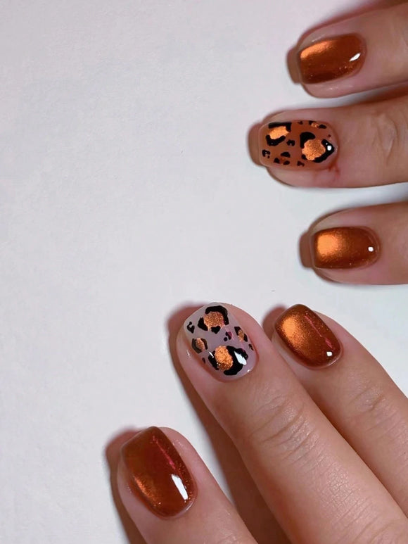 Cat’s Eye Brown Leopard Print Short Square Nail Set