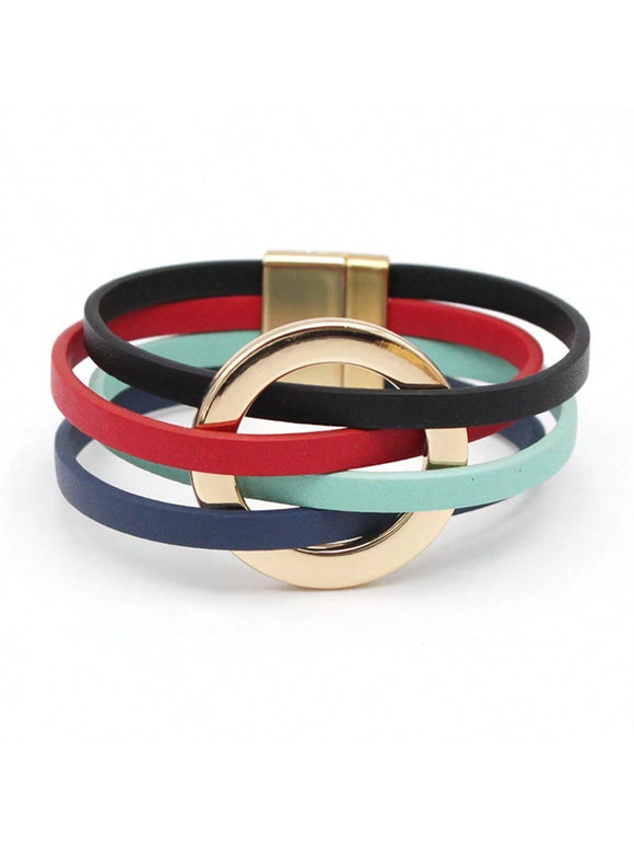 Multi Color Leather and Gold Circle Design Magnetic Bracelet