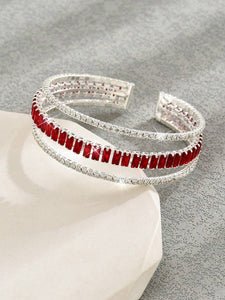 Red and White Rhinestone Flexible Cuff Bracelet