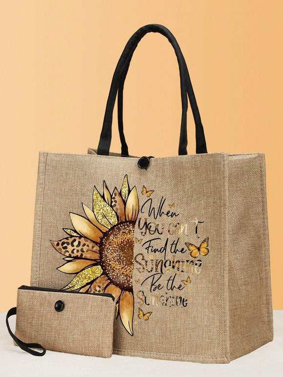 2 pc Sunflower Decorated Linen Tote/Cosmetic Bag Combo Black Handle