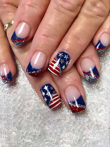 Patriotic Stars and Stripes Silver Glitter Tip Short Square Nail Set