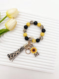 Mom Sunflower Pendant and Leopard Print Tassel Wristlet Keychain