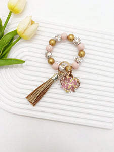 Mama Pendant Pink and Leopard Print Gold Tassel Wristlet Keychain