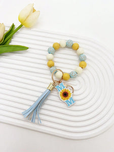 Mom Sunflower Pendant Blue Tassel Wristlet Keychain