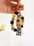 Mom Sunflower Pendant and Leopard Print Tassel Wristlet Keychain