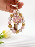 Mama Pendant Pink and Leopard Print Gold Tassel Wristlet Keychain