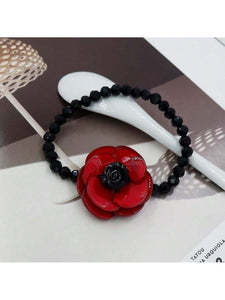 Acrylic Red Floral Pendant Bracelet with Black Rhinestone Detail