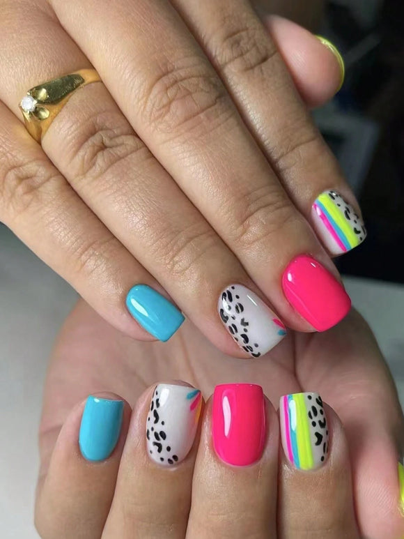 Multi Fluorescent Color Animal Print Short Square Nail Set