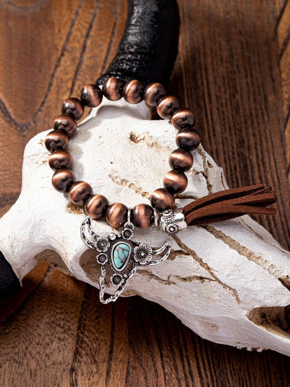 Steer-Head Charm Copper Bead Stretch Bracelet