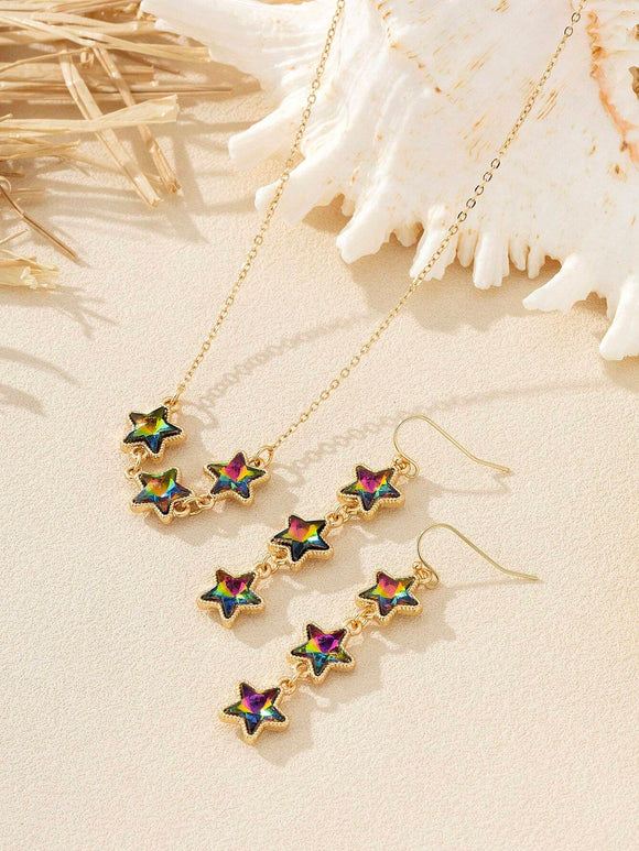 Oil Spill Rhinestone Star Necklace and Earring Set