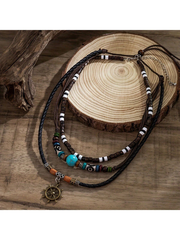 Bohemian Soft Clay & Wooden Beaded Necklace Set with Paddle Wheel Charm Detail