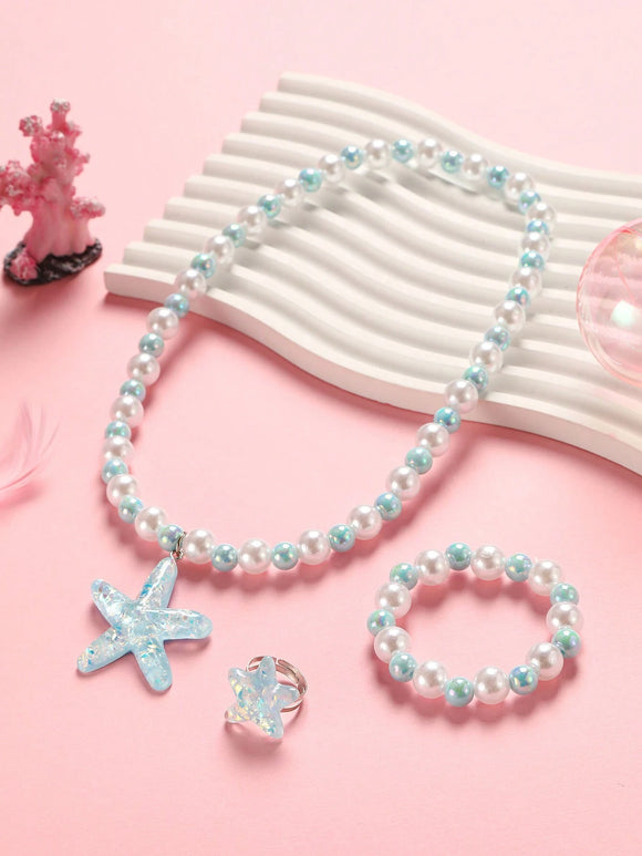 Girls 3 pc Blue and White Pearl Starfish Necklace Set