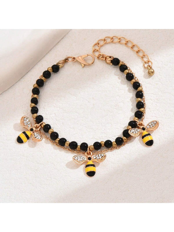 Exquisite Bee Pendant Beaded Chain Double Layer Clasp Style Bracelet