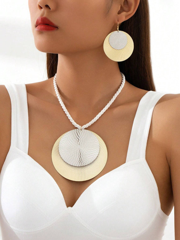 3 pc Silver and Gold Textured Medallion with Silk Rope Cording Necklace and Earring Set