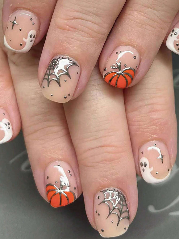 Halloween Pumpkin and Ghost Short Square Nail Set