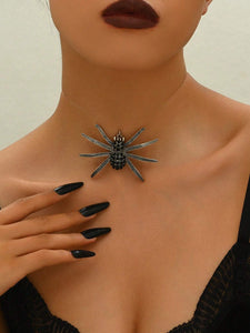 Oversized Black Rhinestone Spider Pendant Necklace with Transparent Fishing Line Cording